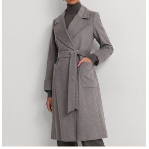 Lauren Ralph Lauren cashmere blend grey coat with belt, size 14. Like new.